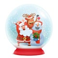 Snow globe with santa claus, snowman and reindeer. Christmas card concept Royalty Free Stock Photo