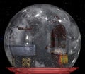 Snow globe with Santa Claus walking on the rooftop and chimneys on Christmas night with moonlight. A sleigh with reindeer in the