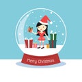 Snow globe with a Santa woman and gift boxes inside. Royalty Free Stock Photo