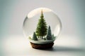 a snow globe with a small tree inside of it on a table top with a white background and a blue sky Royalty Free Stock Photo