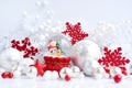 A snow globe with snowman with Christmas decorations. Festive Christmas background