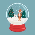 Vector illustration isolated on a light background snow globe with a tiger symbol of 2022, a snowman, a Christmas tree. Royalty Free Stock Photo