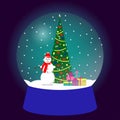 Snow globe, traditional Christmas gift. Christmas souvenir, glass ball with Christmas tree, gifts, cute snowman in red hat and sca Royalty Free Stock Photo