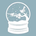 Snow globe, snow and trees inside with with birds. Titmice. Laser cut. Vector illustration. Pattern for the laser cut, plotter and