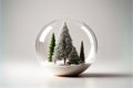 a snow globe with trees inside of it on a table top with a light background and a blue border Royalty Free Stock Photo