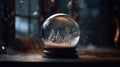 a snow globe with trees inside of it on top of a wooden table in a dark room with snow falling from the ceiling and a window