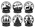 Snow globe vector set. Paper cut template. Merry Christmas phrase. Snowman, tree, snowflake, truck, deer, gnomes Royalty Free Stock Photo