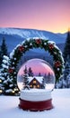 A Snow Globe And A Wreath In A Twilight Snowy Settin. Generative AI