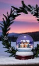 A Snow Globe And A Wreath In A Twilight Snowy Settin. Generative AI