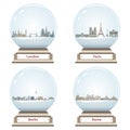 Vector snow globes with London, Paris, Berlin and Rome abstract city skylines inside