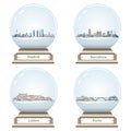 Vector snow globes with Madrid, Barcelona, Lisbon and Porto abstract city skylines inside