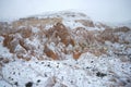 Snow gloomy day in the mountains of Cappadocia. Vicinities of Goreme, Turkey Royalty Free Stock Photo