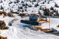 The snow groomer on the road seen from above, Giant Mountains, Poland Royalty Free Stock Photo