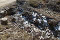 Snow on the ground with clay, grass and stone at Lachen. North Sikkim, India