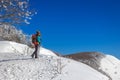 Snow hiker in the mountains, middle aged woman