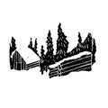 Snow house in the winter forest. Hand made linocut. Black composition on white background.