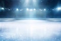 Snow and ice background.Empty ice rink illuminated by spotlights