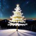 Snow and Ice Christmas Tree on a Snowy Hill at Night Royalty Free Stock Photo