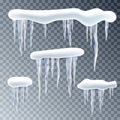 Snow, ice cup, icicles. Snowflakes background. Realistic transparent elements. Isolated. Vector Royalty Free Stock Photo