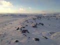 Snow and Ice Dunes on Shore of Lake Erie at Sunset, Presque Isle State park Royalty Free Stock Photo