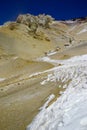 The road to Mina Julia is blocked by snow and ice, in the high altitude puna desert near Salta, Argentina