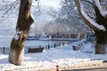 Snow ice winter season trees road in Ioannina city Greece Royalty Free Stock Photo