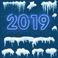 Snow ice icicle set Winter design. 2019 Christmas snow template. Snowy frame decoration isolated on blue background. Cartoon style Royalty Free Stock Photo