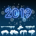 Snow ice icicle set Winter design. 2019 Christmas snow template. Snowy frame decoration on blue background. Cartoon style Royalty Free Stock Photo