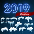 Snow ice icicle set Winter design. 2019 Christmas snow template. Snowy frame decoration isolated on blue background. Cartoon style Royalty Free Stock Photo