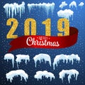 Snow ice icicle set Winter design. 2019 Christmas snow template. Snowy frame decoration isolated on blue background. Cartoon style Royalty Free Stock Photo