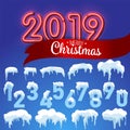Snow ice icicle set Winter design. 2019 Christmas snow template. Snowy frame decoration isolated on blue background. Cartoon style Royalty Free Stock Photo