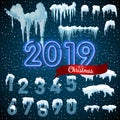 Snow ice icicle set Winter design. 2019 Christmas snow template. Snowy frame decoration isolated on blue background. Cartoon style Royalty Free Stock Photo