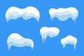 Snow ice icicle set Winter design. White blue snow template. Snowy frame decoration isolated on blue background. Cartoon Royalty Free Stock Photo