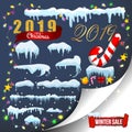 Snow ice icicle set Winter design. White blue snow template. Snowy frame decoration isolated on blue background. Cartoon style. 20 Royalty Free Stock Photo