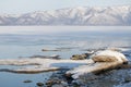 Snow and ice on shore of frozen lake winter landscape Royalty Free Stock Photo