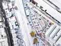 Aerial view of snow compromised rail and road networks.