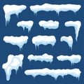 Snow with icicles and snow drifts. Winter snow caps with ice. Set of different frozen, snowy frames for decoration