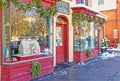 snow and icicles on Stockbridge Main Street scene with shops at Christmas Royalty Free Stock Photo