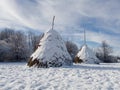 Snow idyll, winter landscape, two haystacks on the meadow covered with snow during a sunny day Royalty Free Stock Photo