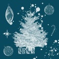 A snow illustration with a Christmas tree, toys and gifts,holiday