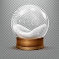 Snow inside ball. Realistic snowball, christmas snowglobe, glass dome base, magic crystal snowy 3d sphere, winter bubble