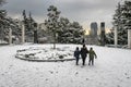 Snow in istanbul. Winter landscape from macka democracy and public park in winter season.