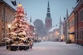 Snow-Kissed European Square: Majestic Christmas Tree Illuminates Winter Night