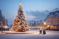 Snow-Kissed European Square: Majestic Christmas Tree Illuminates Winter Night