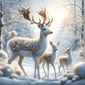 A Deer Family in Winter Forest, Crafting an Artistic Christmas Landscape Wonderland. Generative ai for illustrations Royalty Free Stock Photo