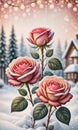 Snow-Kissed Roses: Blurry Bokeh and Sparkling Details Amidst Blooming Beauty