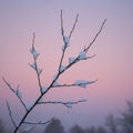 Snow-laden bare branches are silhouetted against a gradient sky transitioning from Royalty Free Stock Photo