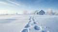 Footprints in the snow that follow the path to a warm house in winter.AI Generated