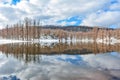 Snow and lake, lake surrounded by snow and trees, reflection of trees and clouds sky and snow-covered mountains on a lake in winte Royalty Free Stock Photo