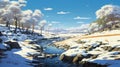 Snow-covered River In Serene Pastoral Scene: Digital Painting Inspired By Studio Ghibli Royalty Free Stock Photo